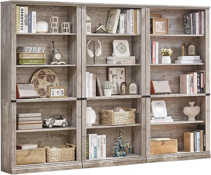 RWYHG 70" Grey Tall Bookshelf Set of 3, 5-Tier Thick Wooden Book Shelf by RWYHG