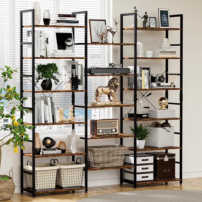 NUMENN Triple Wide 6 Tier Bookshelf, Rustic Industrial Style Bookcases and - Image 2