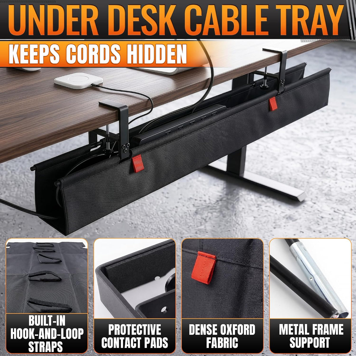 Under Desk Cable Management Tray 48" — No Drill Clamp-On Cord Organizer ...