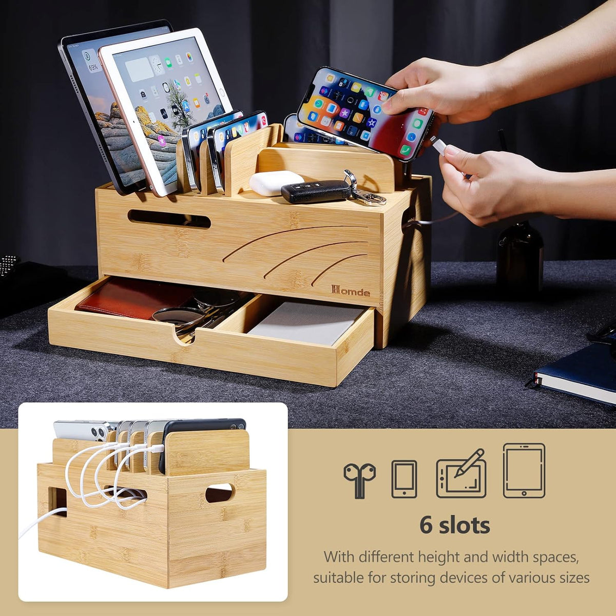 Homde Bamboo Charging Station Organizer: 6 Compartments and Drawer