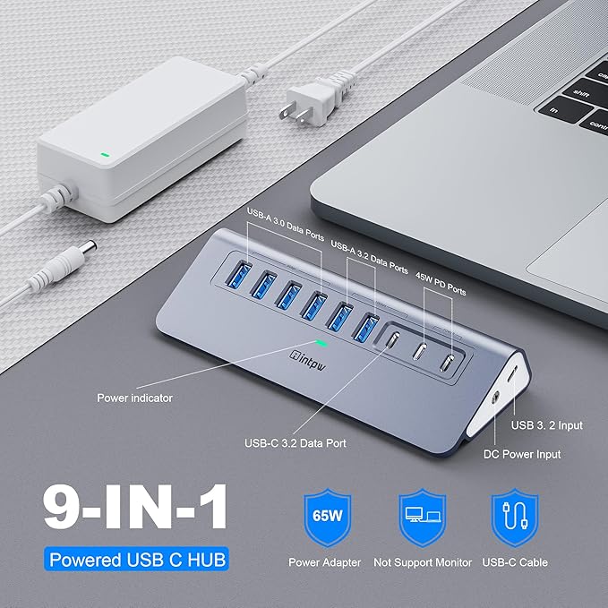 YH6AC Powered USB Hub 10Gbps, intpw 9-Port USB Splitter - Image 2