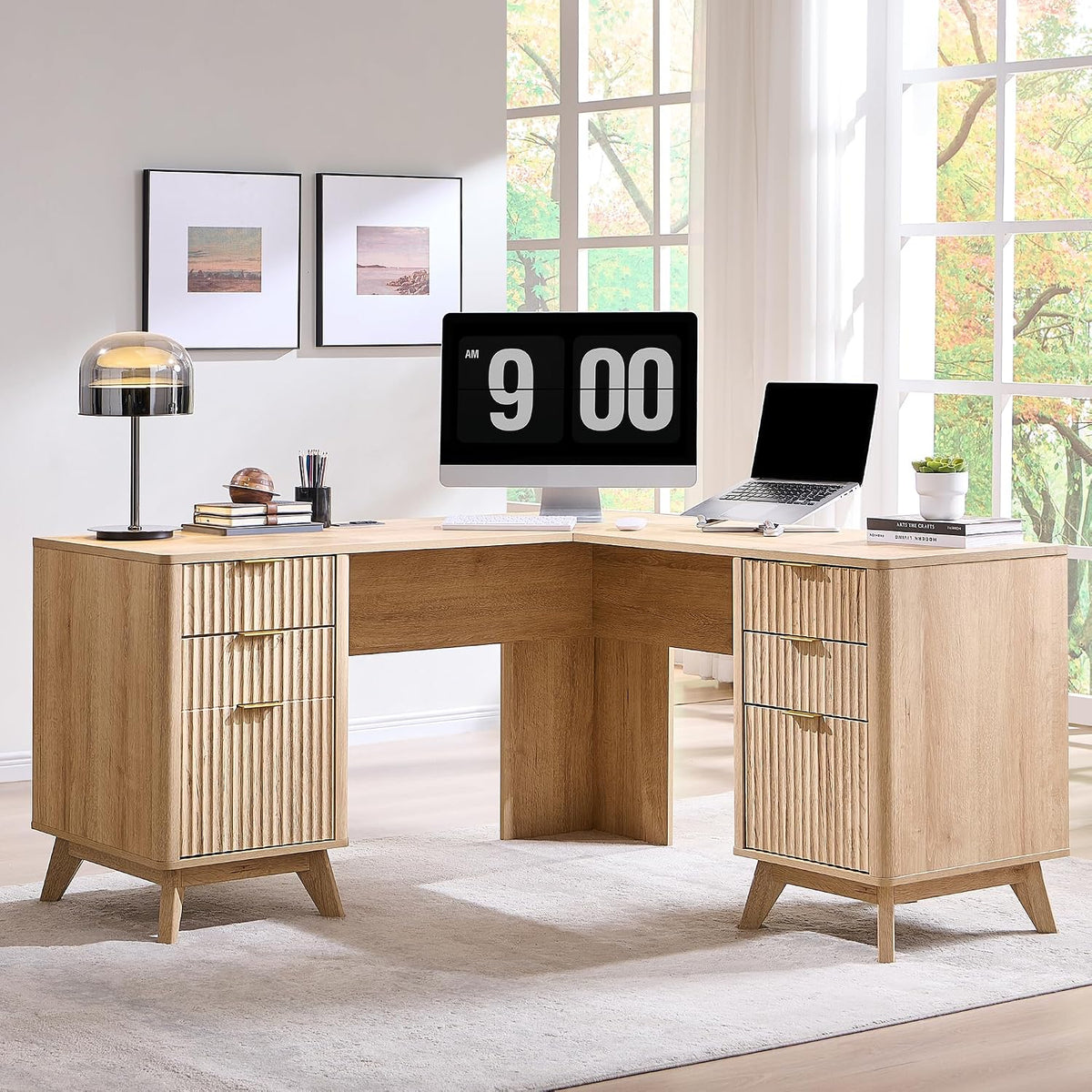 T4TREAM 60-Inch Modern Fluted L-Shaped Executive Desk, Natural Oak