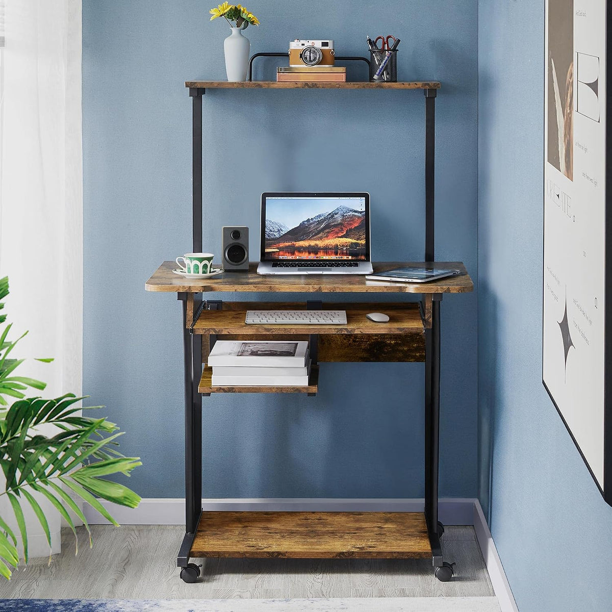 Topeakmart 2-Tier Rolling Desk with Printer Shelf & Keyboard Tray, Rustic...