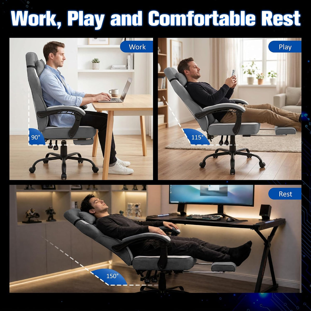 Gaming Chair for Adults with Massage Lumbar Support, Fabric Grey