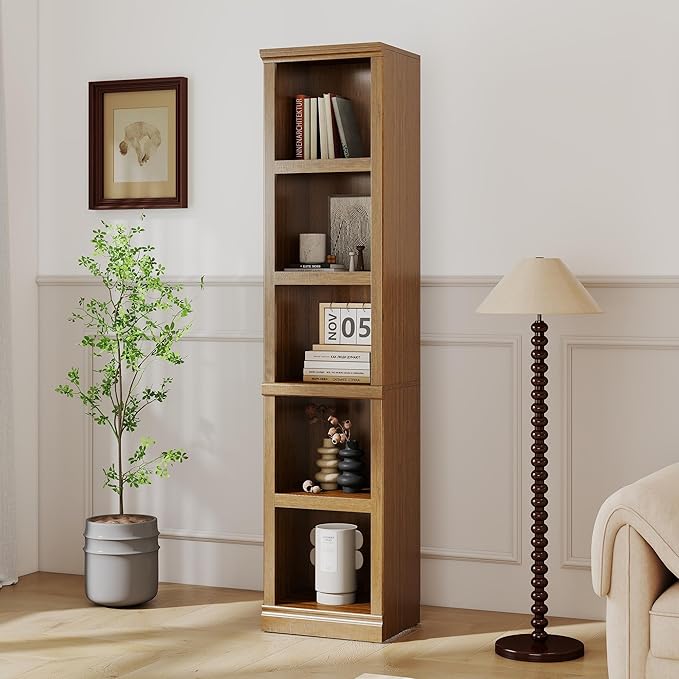blini 5-Shelf Narrow Bookcase White Wooden Tall Bookshelves Floor Standing by blini