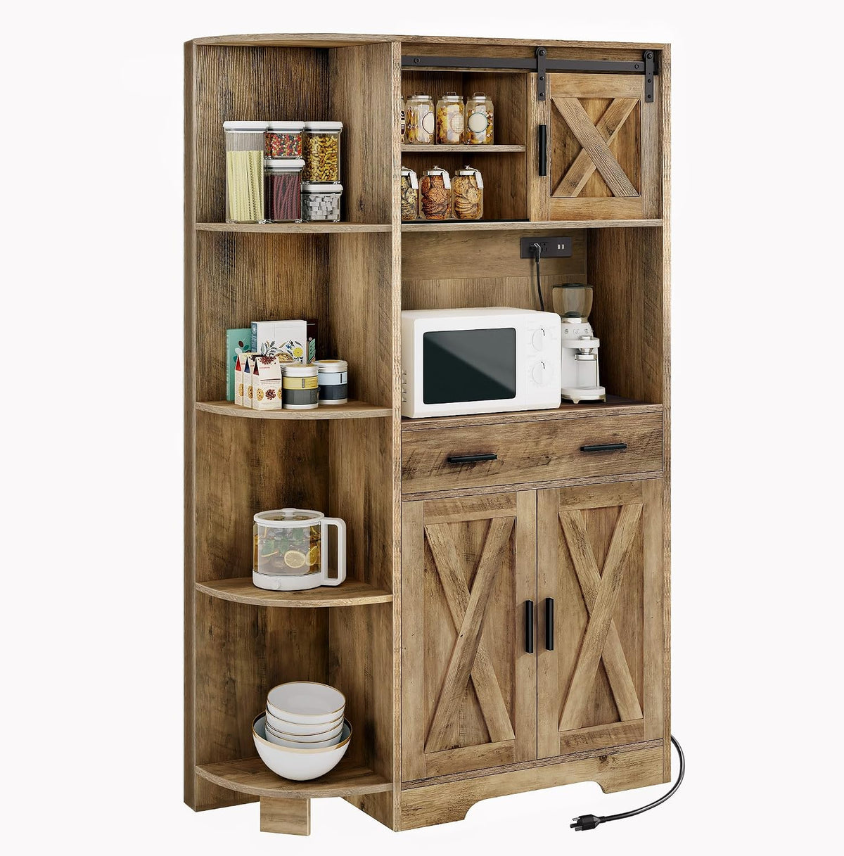 yitahome 67" farmhouse pantry with power outlet & showing dimensions