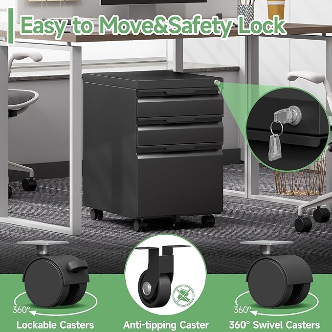 LONGLINK 3 Drawer Mobile File Cabinet - Image 6