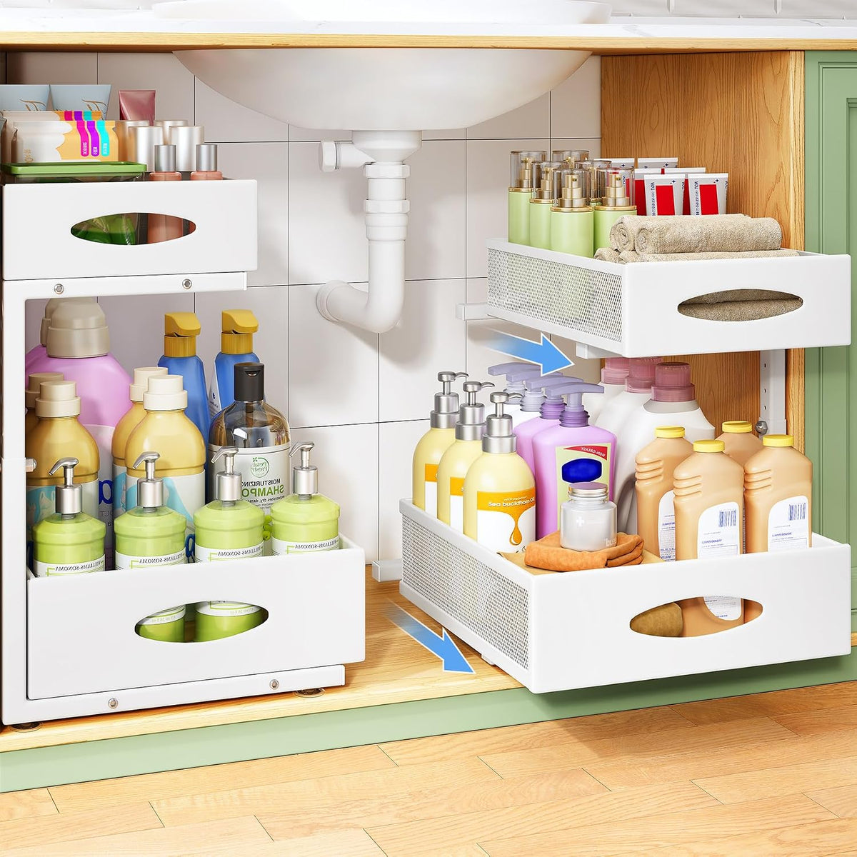 Under Sink Organizer, 2-Pack Pull Out Cabinet Organizer 2 Tier Metal Slide Ou...