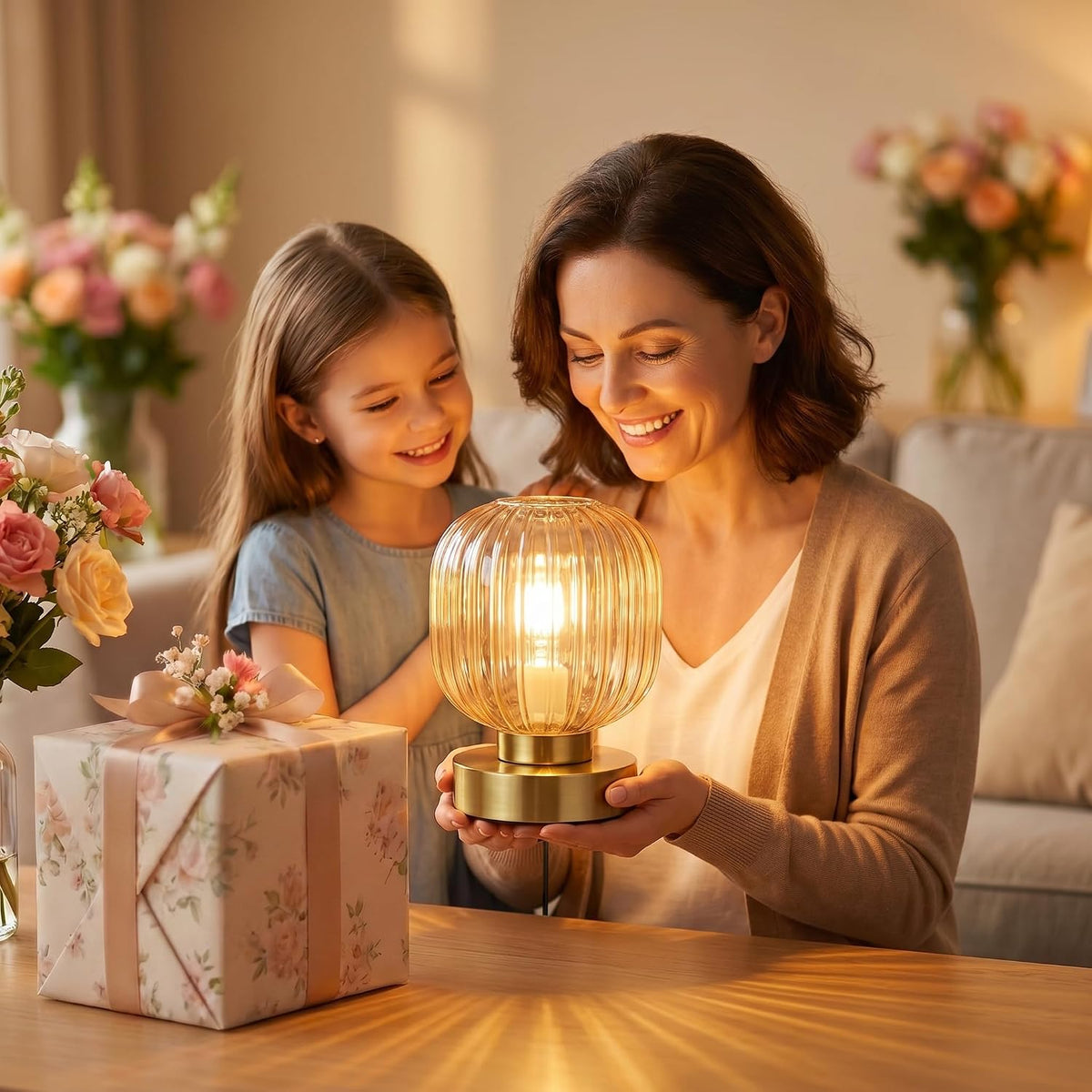 Elenhome Amber Touch Glass Table Lamp, 3-Way Dimmable Bedside Lamp, Vintage M...