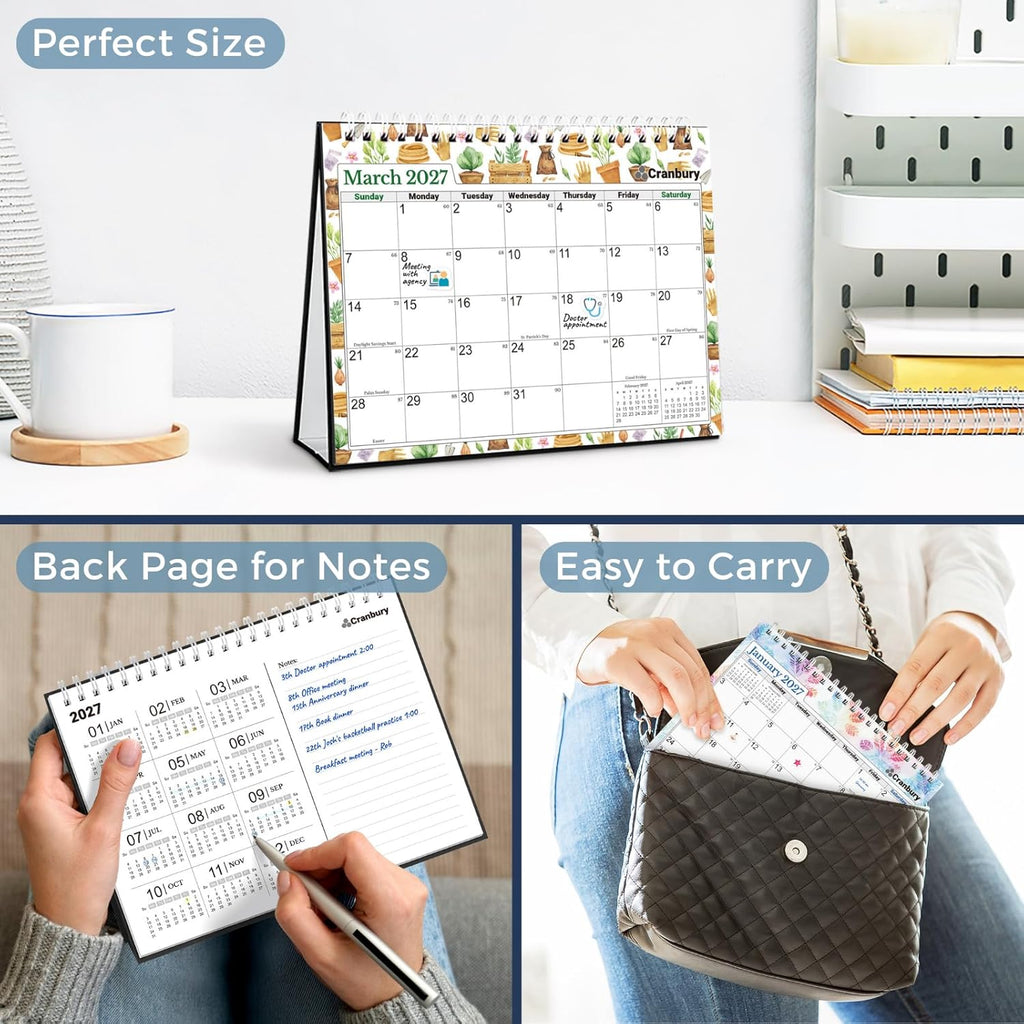 CRANBURY 2026-2027 Small Desk Calendar 8x6, Standing Flip Calendar | Compact 8x6 desktop calendar features monthly layouts with large writing blocks for schedules and reminders.
