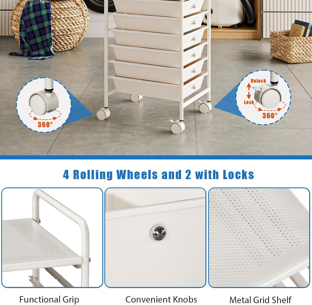 4-Tier Utility Cart with 4 Drawers, Rolling Utility Cart with 2 Lockable Cast...