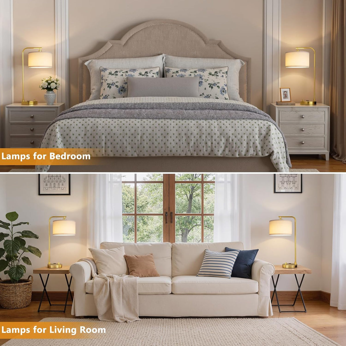 gold bedside lamps set of 2, fully dimmable showing dimensions