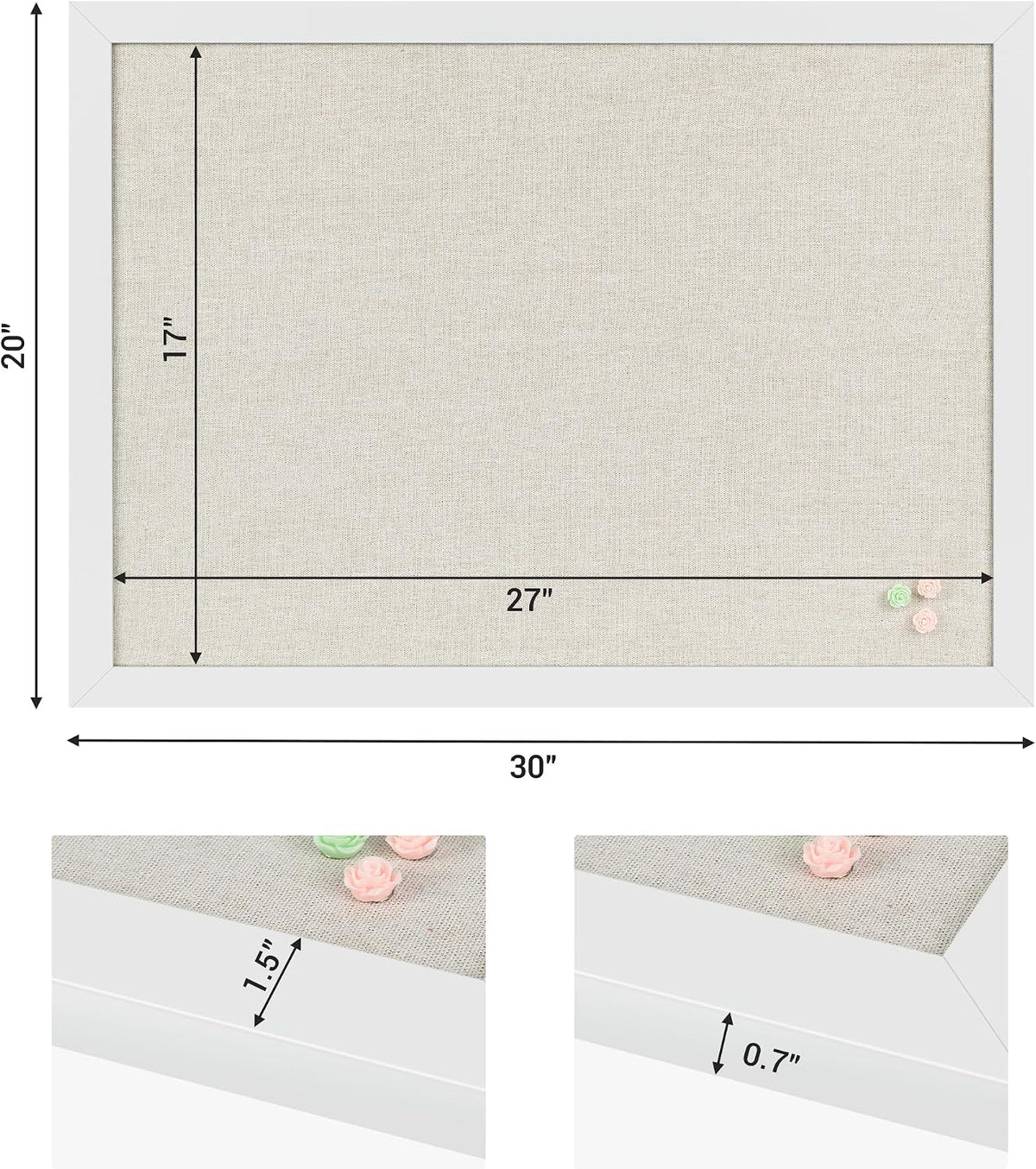 White Cork Board Bulletin Board with Linen, Wood Framed 30" x 20" C...