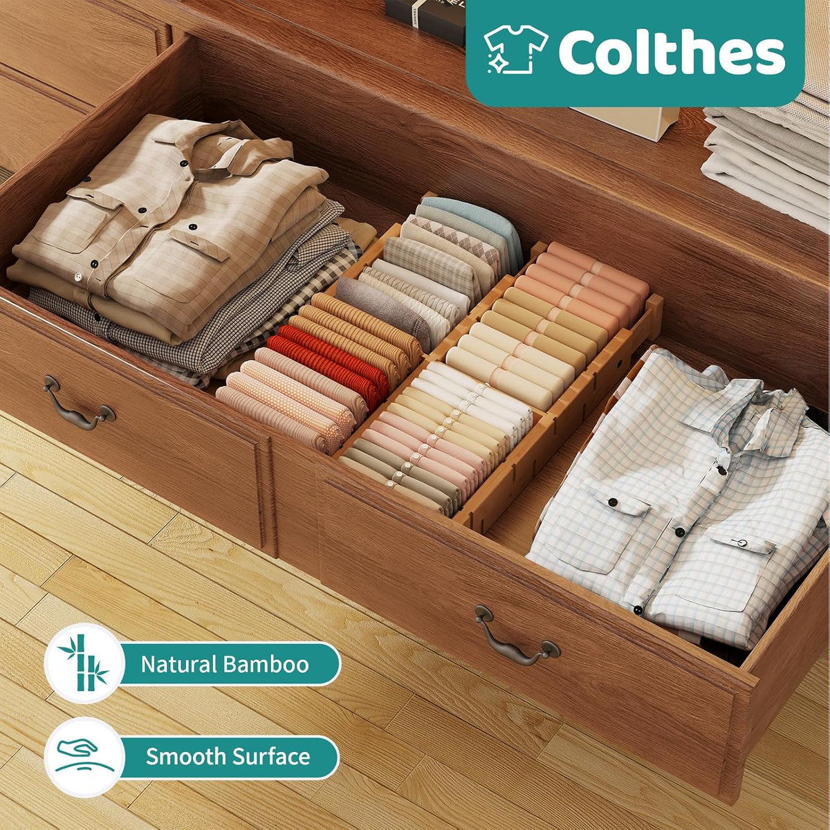 6 Pack Bamboo Drawer Dividers with Inserts, Kitchen Adjustable Drawer Organiz...