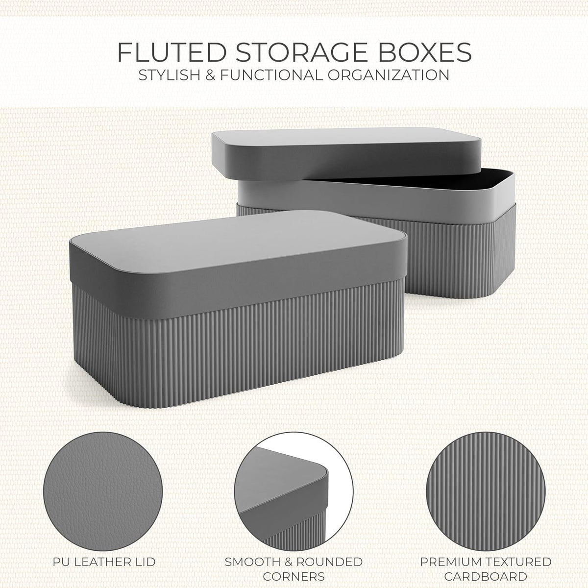 Decorative Storage Boxes with Lids - Set of 2 Fluted Photo Organizer Bins