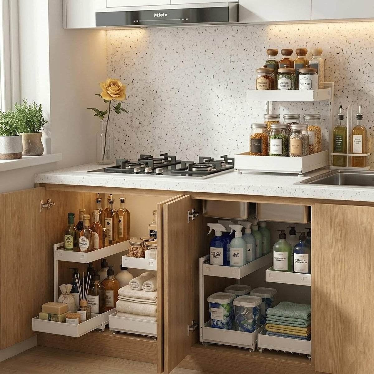 TATAANTY Under Sink Organizer, L-Shaped Metal 2-Tier Double Pull-Out Drawer f...