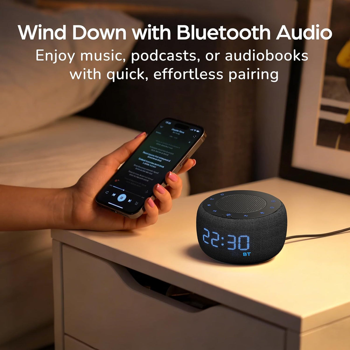 buffbee alarm clock with bluetooth speaker & fm, side view
