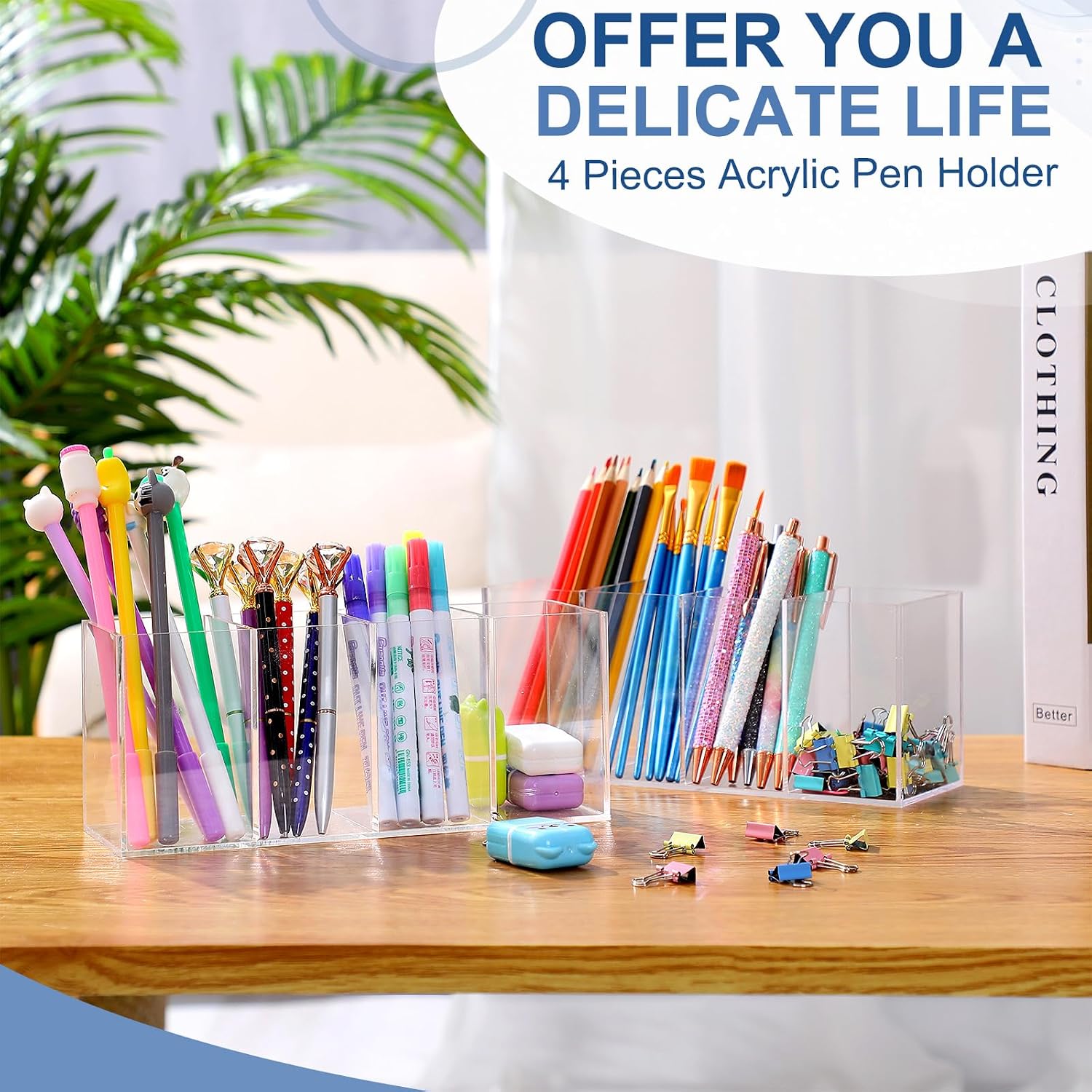 3 Pack Clear Acrylic Pencil Holder, 4 Compartments Pen Organizer | 9 Inch Pencil Holders for Desk, Pencil Cup, Makeup Brush, Back to School Supplies for Classroom, Office, Home, Desk