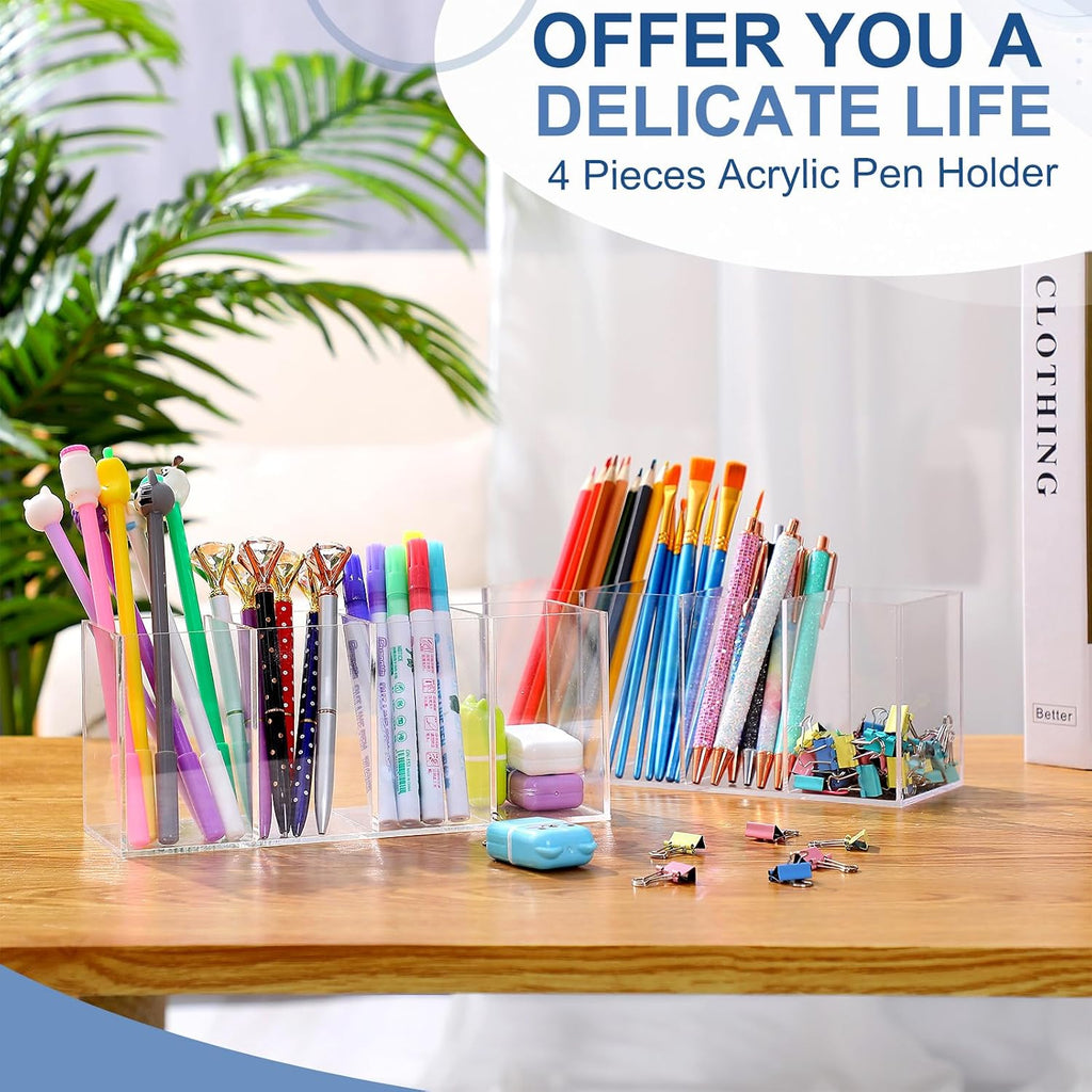 3 Pack Clear Acrylic Pencil Holder, 4 Compartments Pen Organizer | 9 Inch Pencil Holders for Desk, Pencil Cup, Makeup Brush, Back to School Supplies for Classroom, Office, Home, Desk