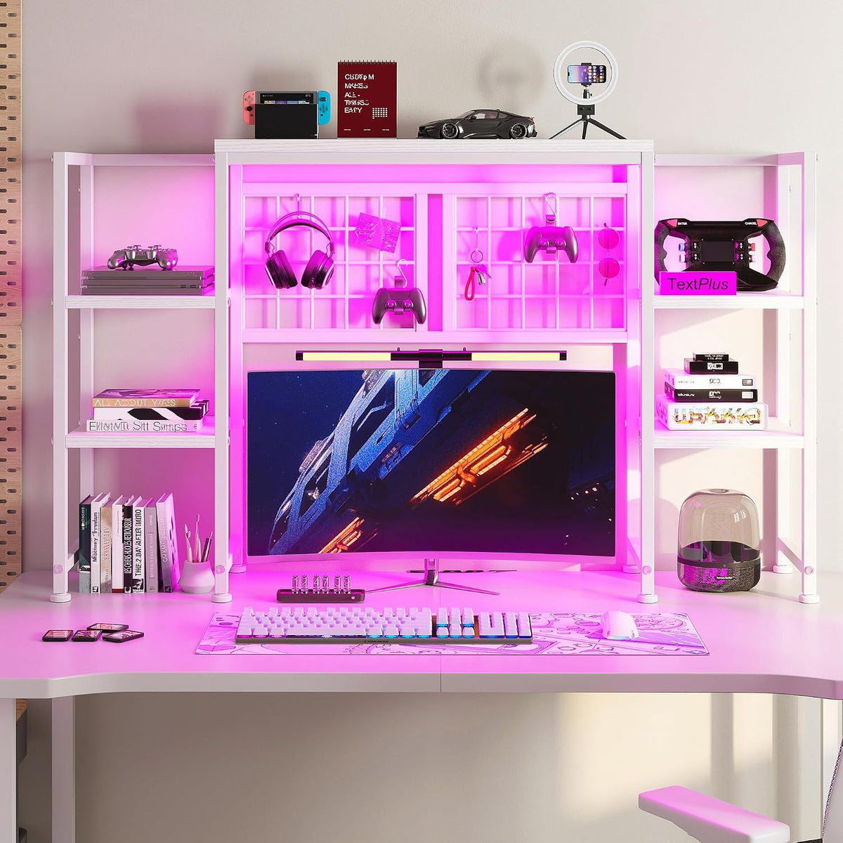 REIBII 5-Tier Desk Shelf with LED for Home Office Dorm, White