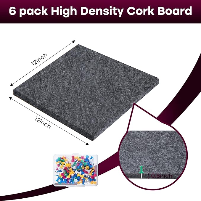 Bouiexye Felt Cork Board Tiles 6 Pack Grey Bulletin Boards 12"x12" - Image 2