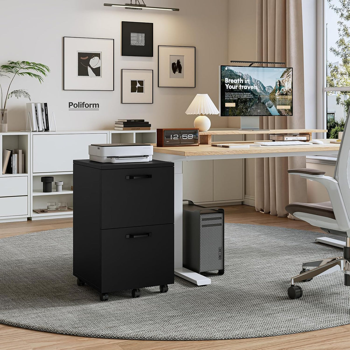 DUMOS 2 Drawer File Cabinet, Rolling Wood Storage Cabinet, Black