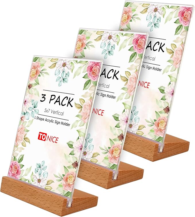 TONICE® 3 Pack 5x7 Acrylic Sign Holder Slant Back Design L Shape Clear Acrylic by TONICE