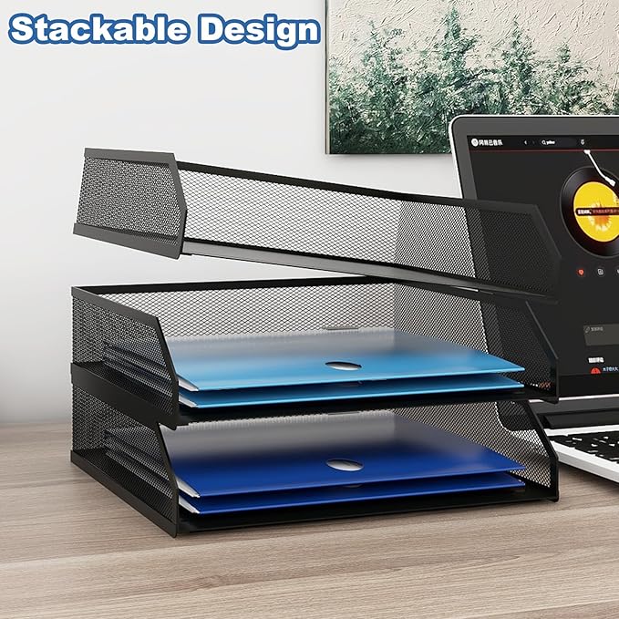 Natwind 3-Tier Stackable Paper Tray, Metal Mesh Desktop Organizer, A4 Paper - Image 3