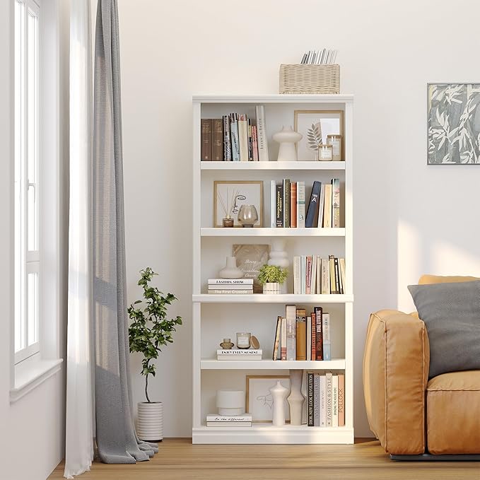 blini 5-Shelf Tall Bookcase White Wooden Bookshelves 33in Wide 5 Tier Bookcases - Image 6
