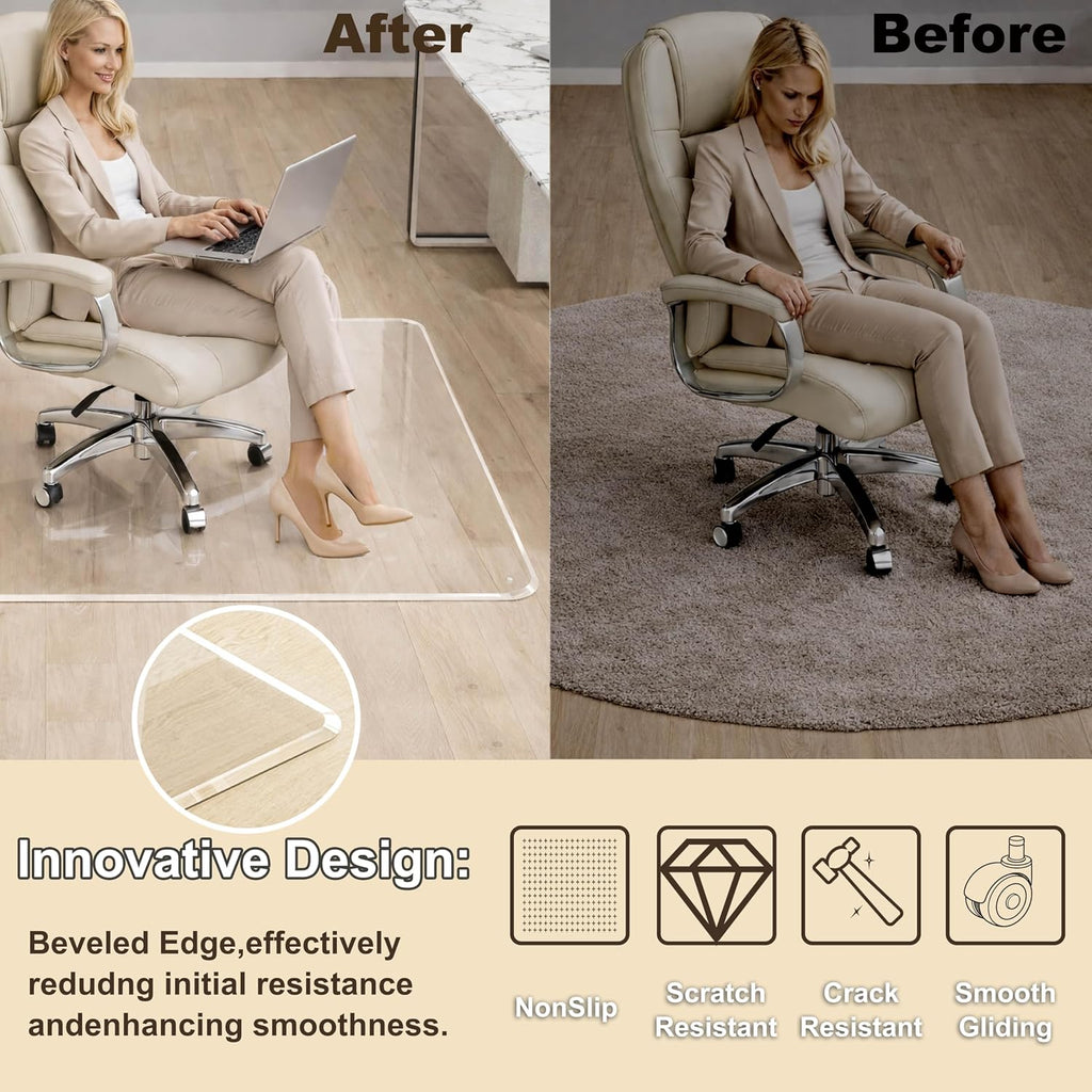 Beveled Edge Office Chair Mat for Carpet Crystal Clear 32" x 46" Heavy Duty Computer Desk Mats for Low Flat and No Pile Carpeted Floor or Hard Floor - Clear Rug Pad for Rolling Chairs