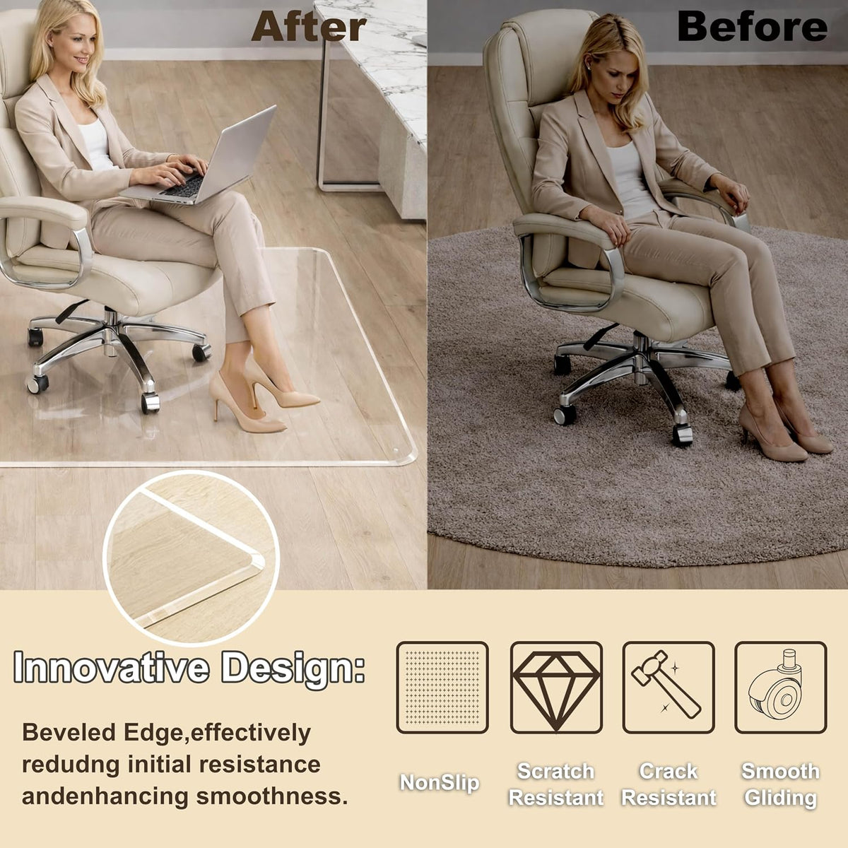 Beveled Edge Office Chair Mat for Carpet Crystal Clear 32" x 46" Heavy Duty Computer Desk Mats for Low Flat and No Pile Carpeted Floor or Hard Floor - Clear Rug Pad for Rolling Chairs