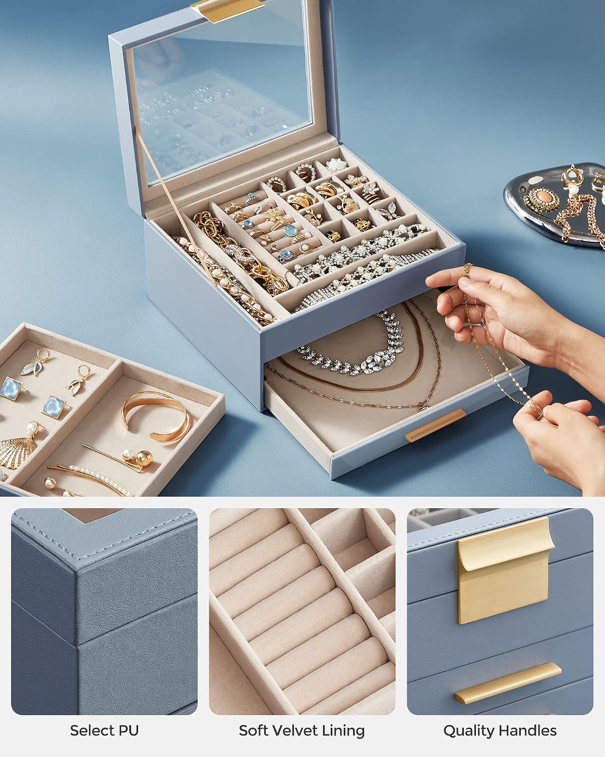SONGMICS Jewelry Box Organizer, 3-Layer Storage with 2 Drawers, Glass Lid