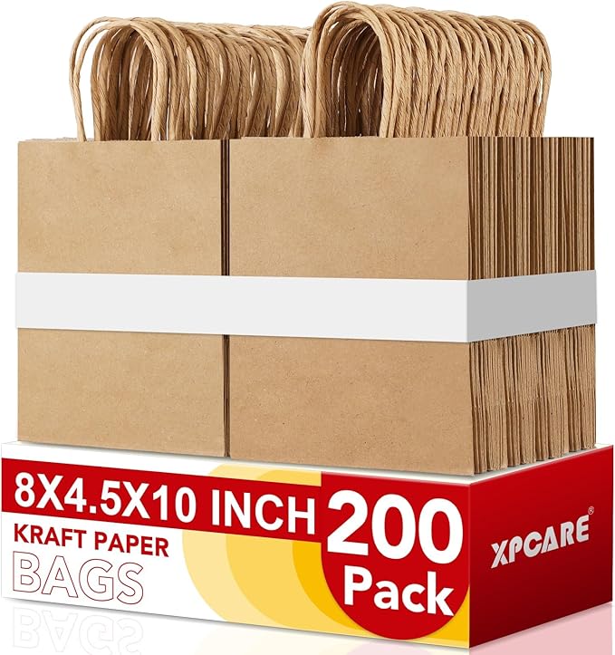 XPCARE 200Pack Paper Bags 8x4.5x10 Inch, Plain Medium Paper Bags by XPCARE
