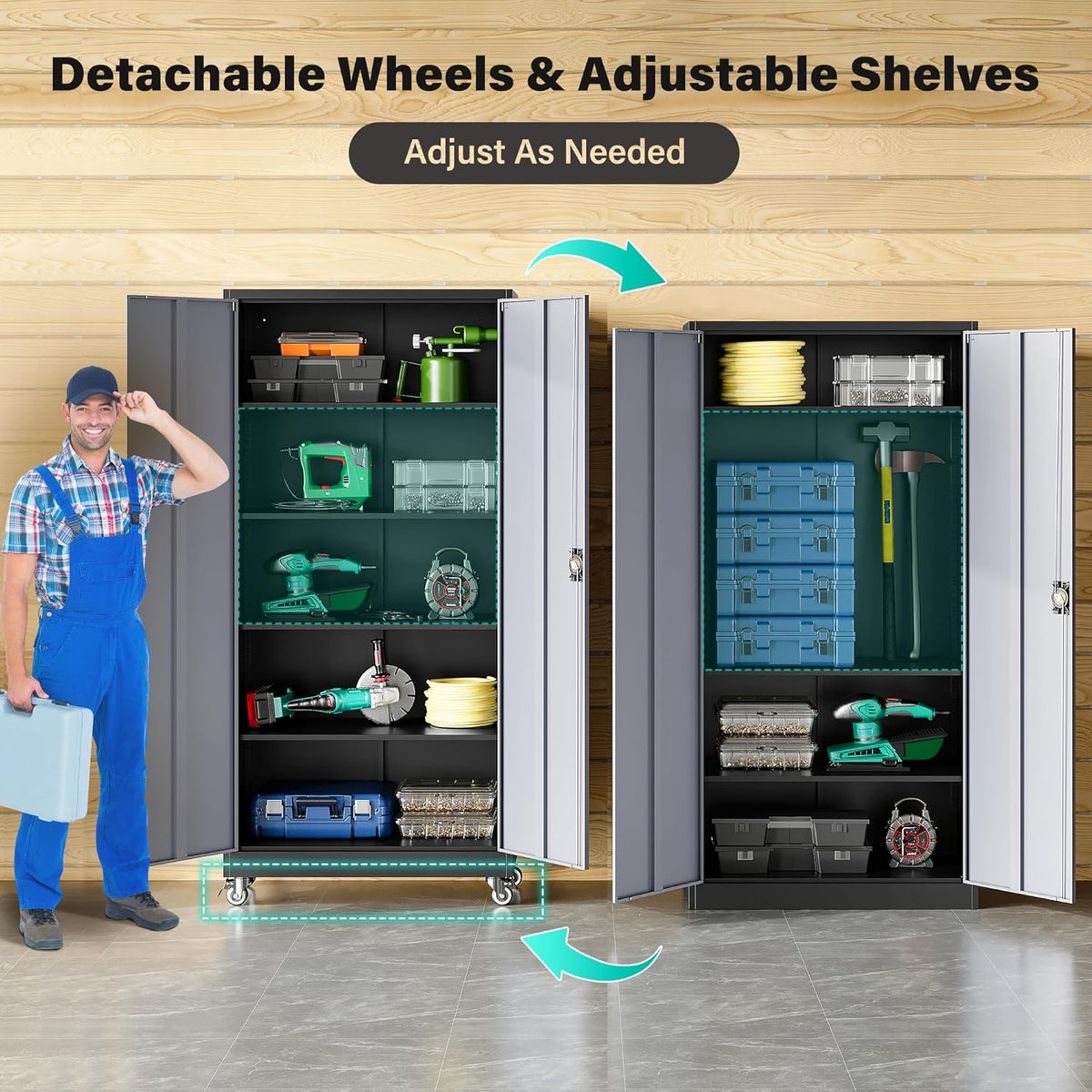 sisesol 75" tall metal storage cabinet with wheels,rolling, side view