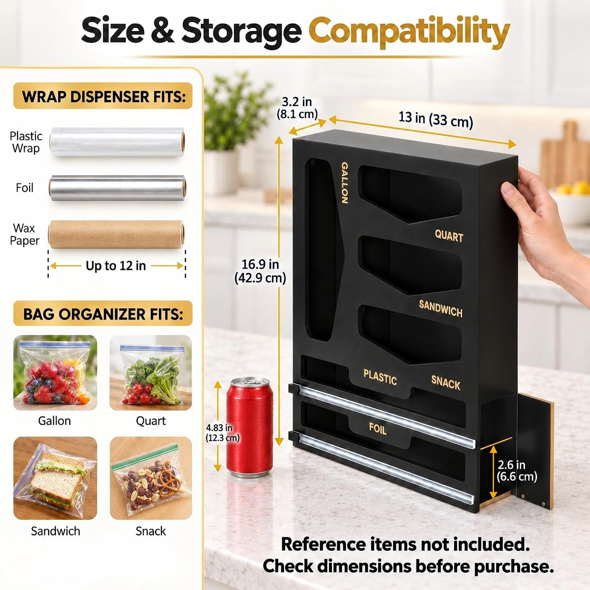 6 in 1 Bamboo Bag Organizer and Wrap Dispenser with Cutters, Black