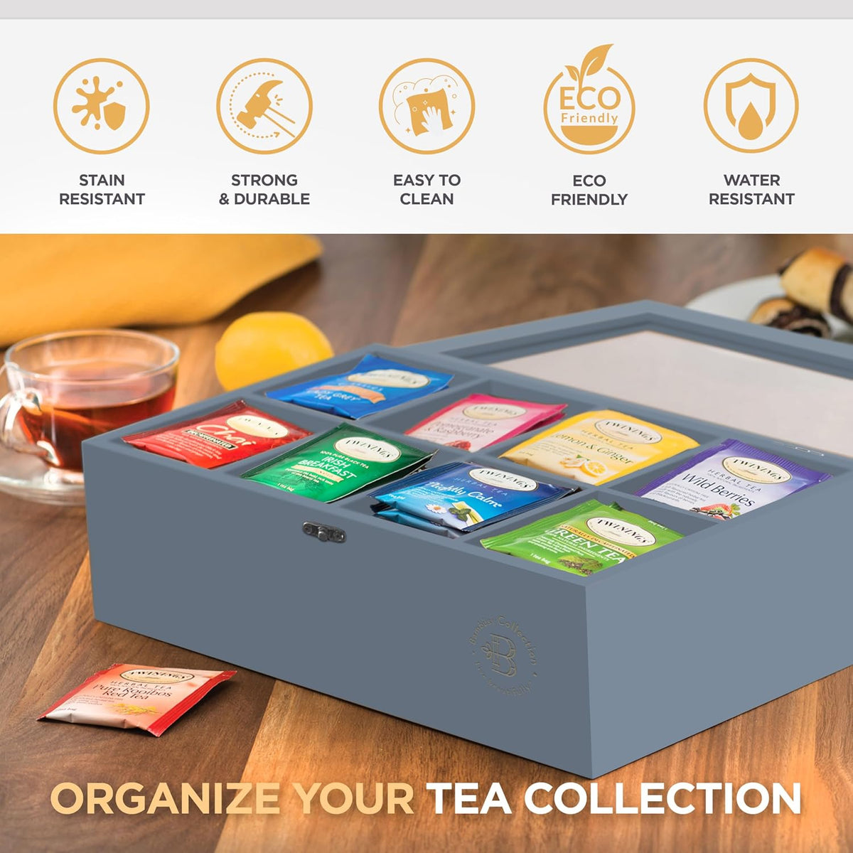 Tea Bag Organizer with Drawer - Gray Bamboo Tea Box Organizer, 8-Compartment ...