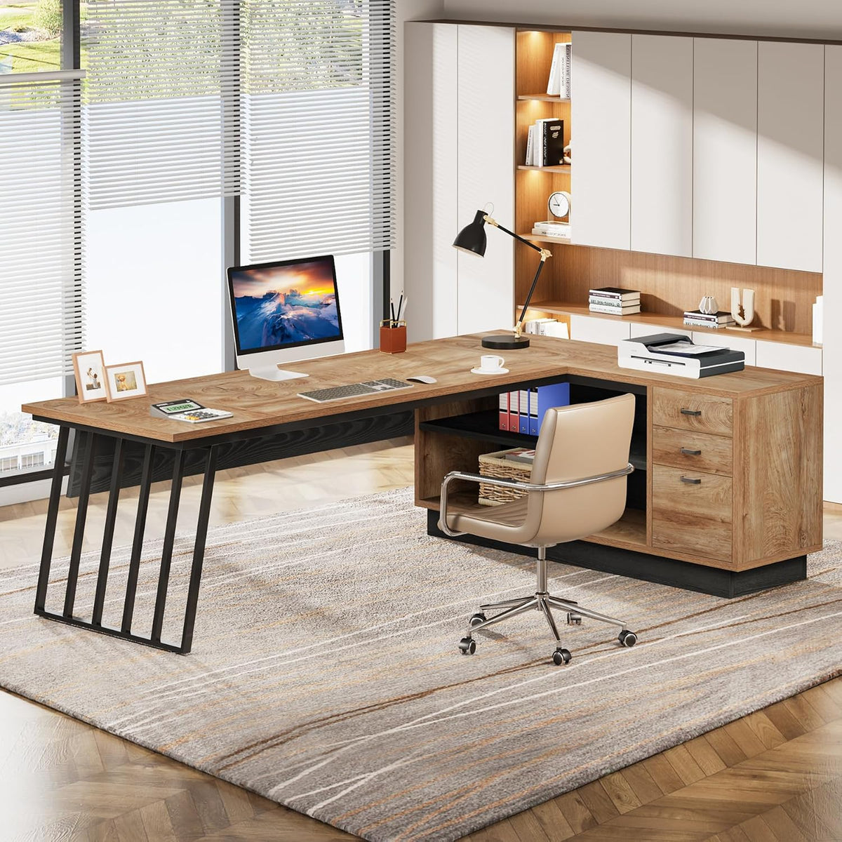 Tribesigns 71” Executive Desk, L-Shaped Desk with Cabinet, Oak and Black