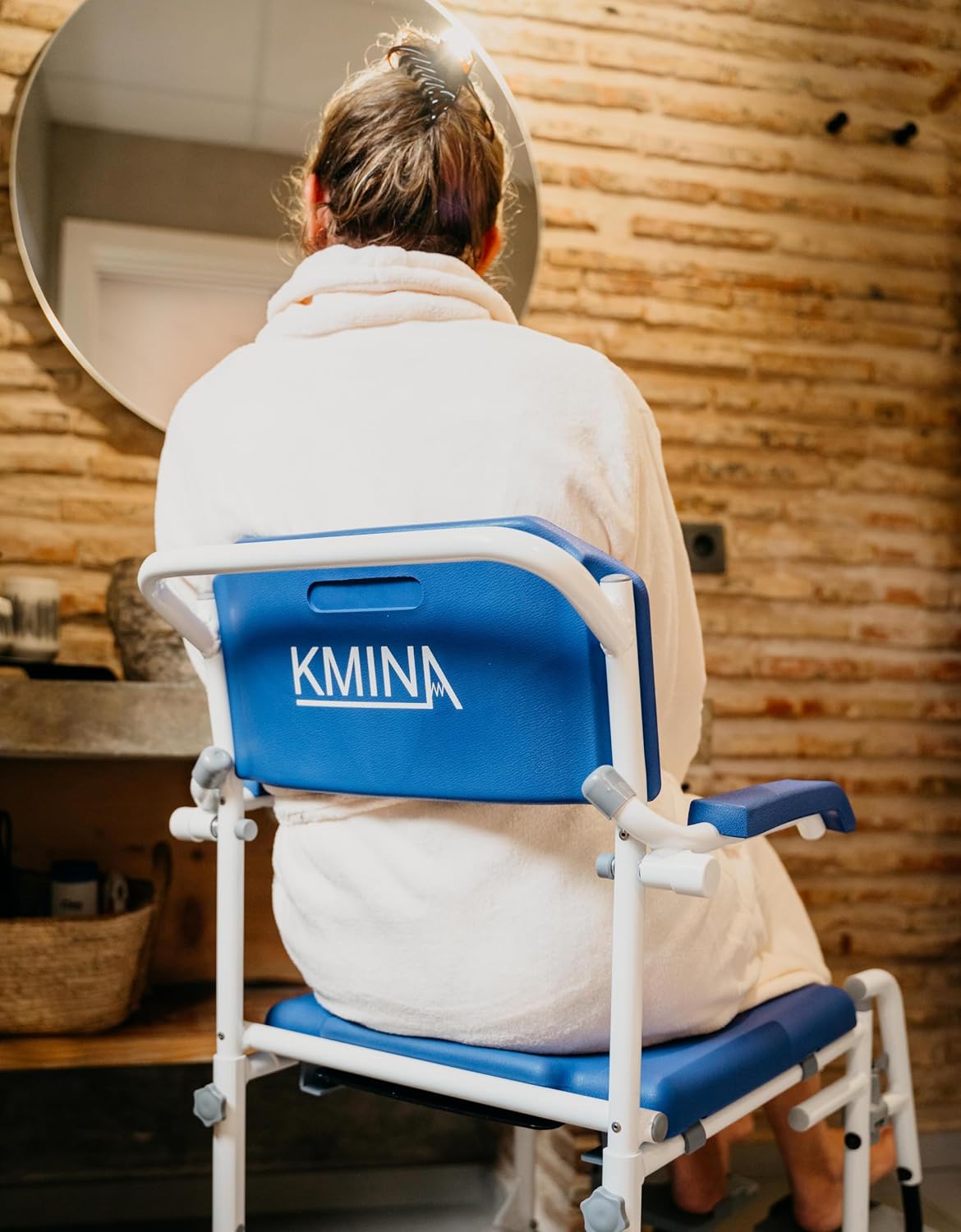 KMINA Rolling Shower Chair with Wheels and Brakes, Commode Toilet, Blue
