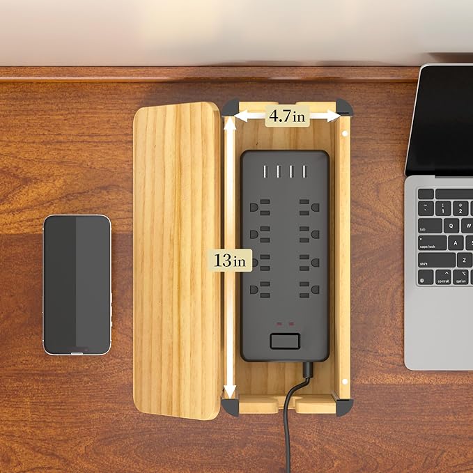 Delamu Wooden Cable Management Box, Retro-Inspired Look Desk Cord Organizer Box - Image 3