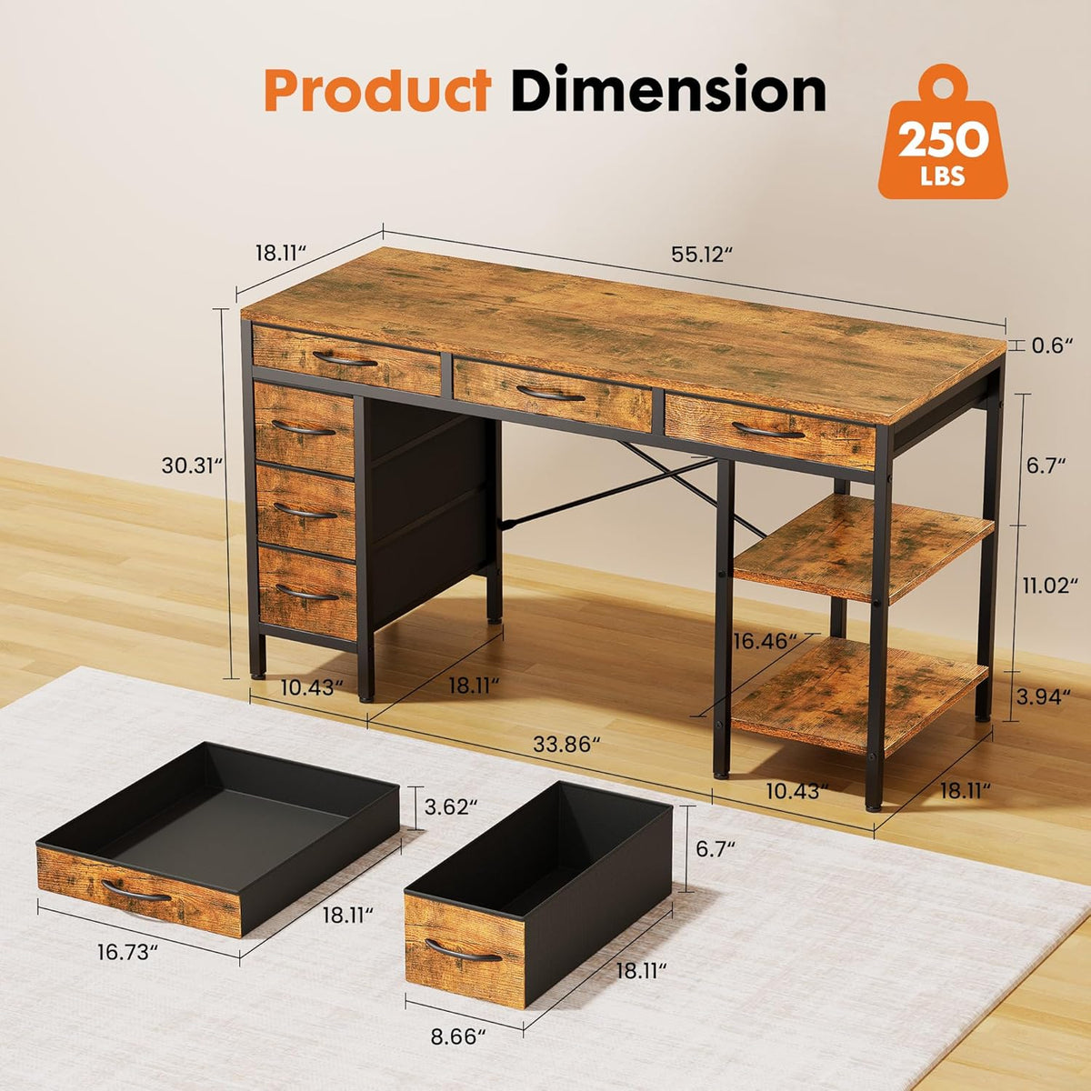 Sweetcrispy 55" Computer Desk with 6 Fabric Drawers & Storage Shelves