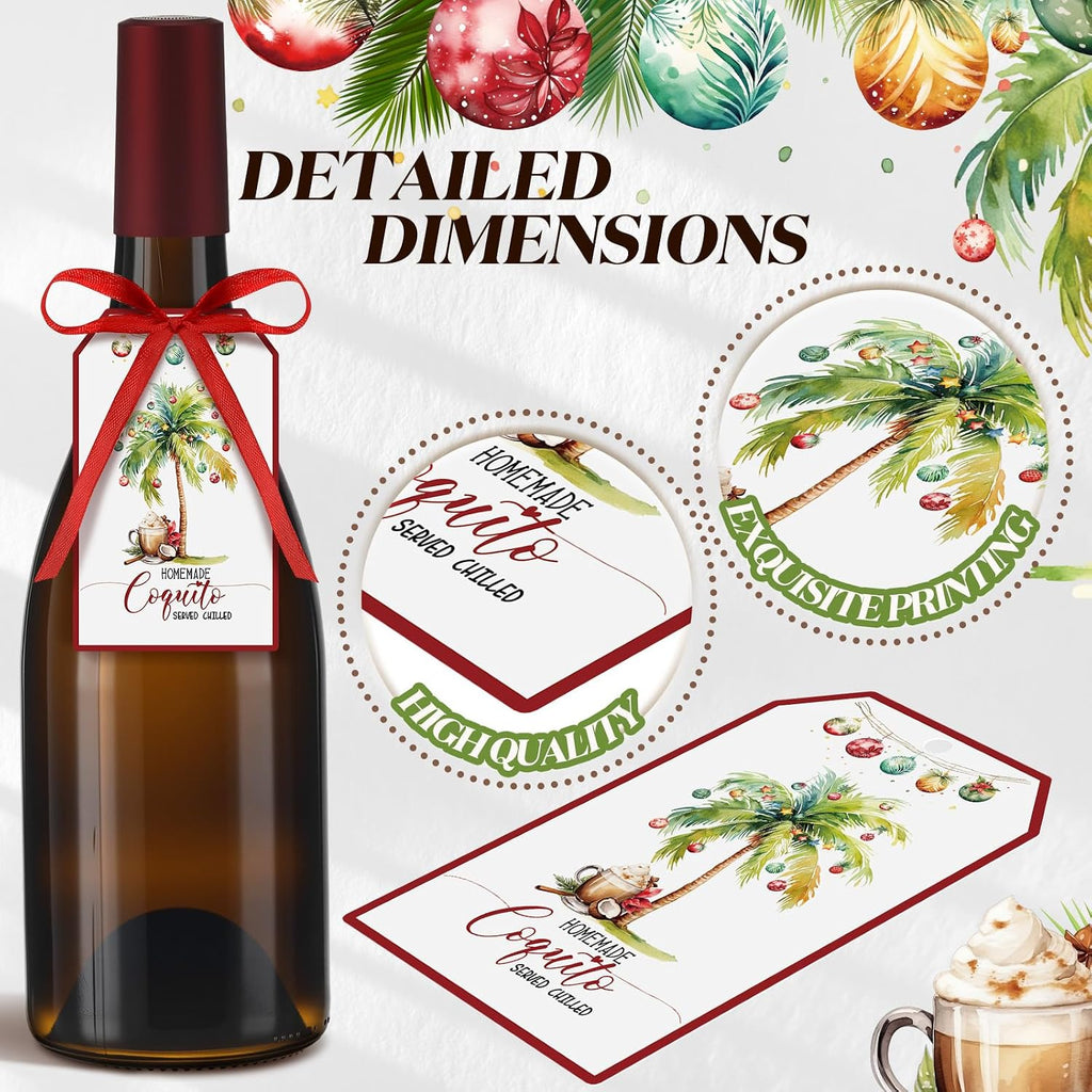 100 Pcs Christmas Coquito Labels for Bottle with Hemp Rope Xmas Coquito Bottle Tags Vanilla Labels with Graphic of Coconut Palm Tree for Home Christmas New Year Party Supply 3.5 ×2 (Bright)