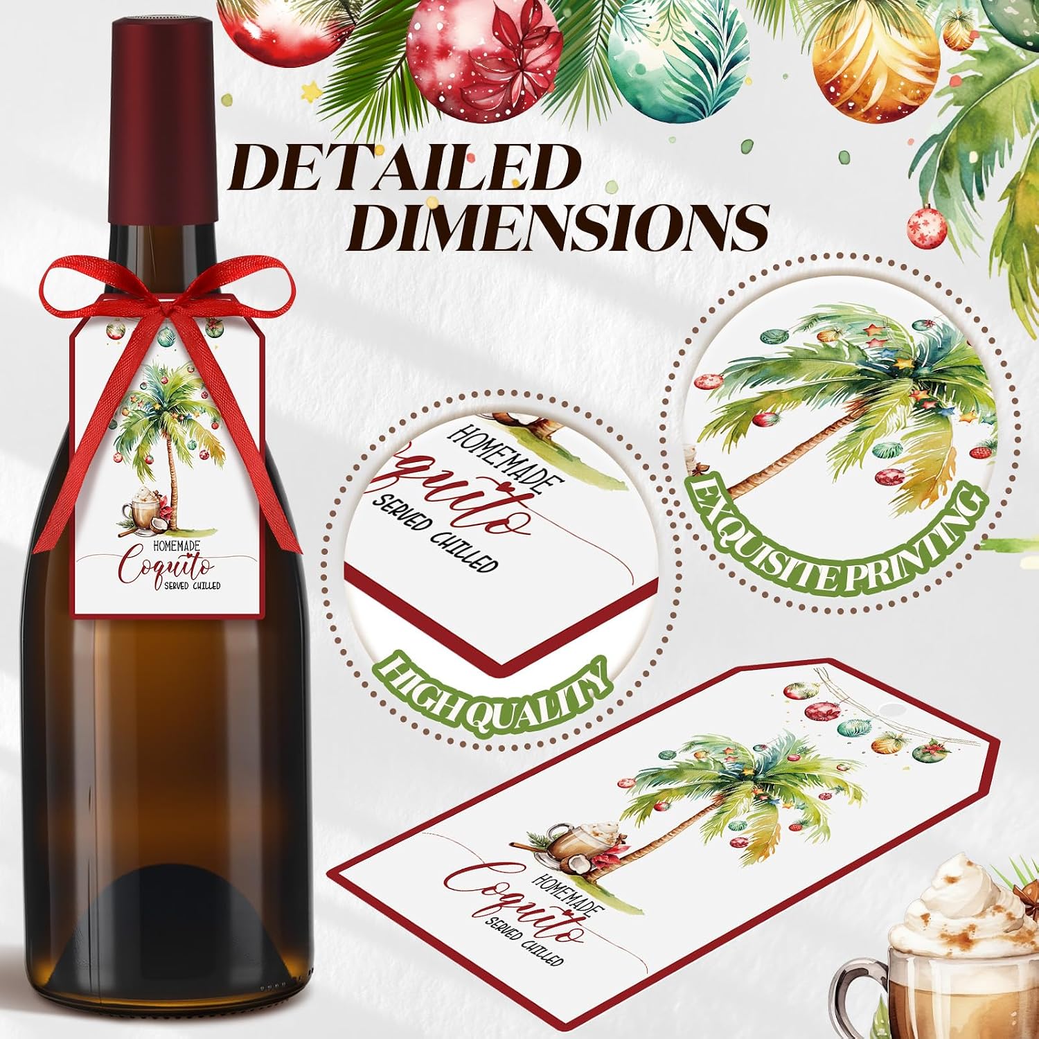 100 Pcs Christmas Coquito Labels for Bottle with Hemp Rope Xmas Coquito Bottle Tags Vanilla Labels with Graphic of Coconut Palm Tree for Home Christmas New Year Party Supply 3.5 ×2 (Bright)