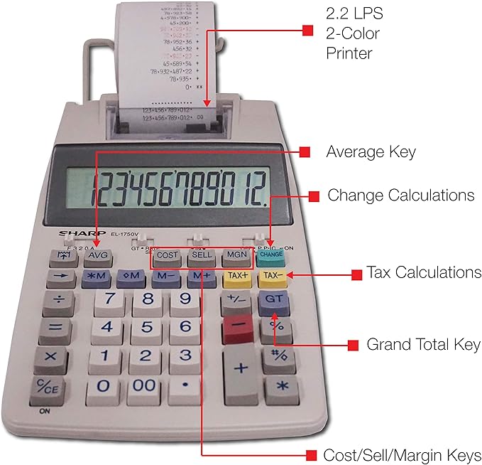 Sharp EL-1750V Two-Color Printing Calculator 2 Lines/Sec 3" Black/Red - Image 3