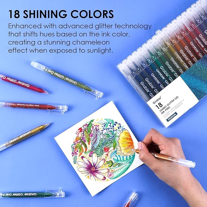 Grabie Jumbo Glitter Gel Ink Pen Set Of 18, Metallic Vibrant Sparkle Gel Pens - Image 5