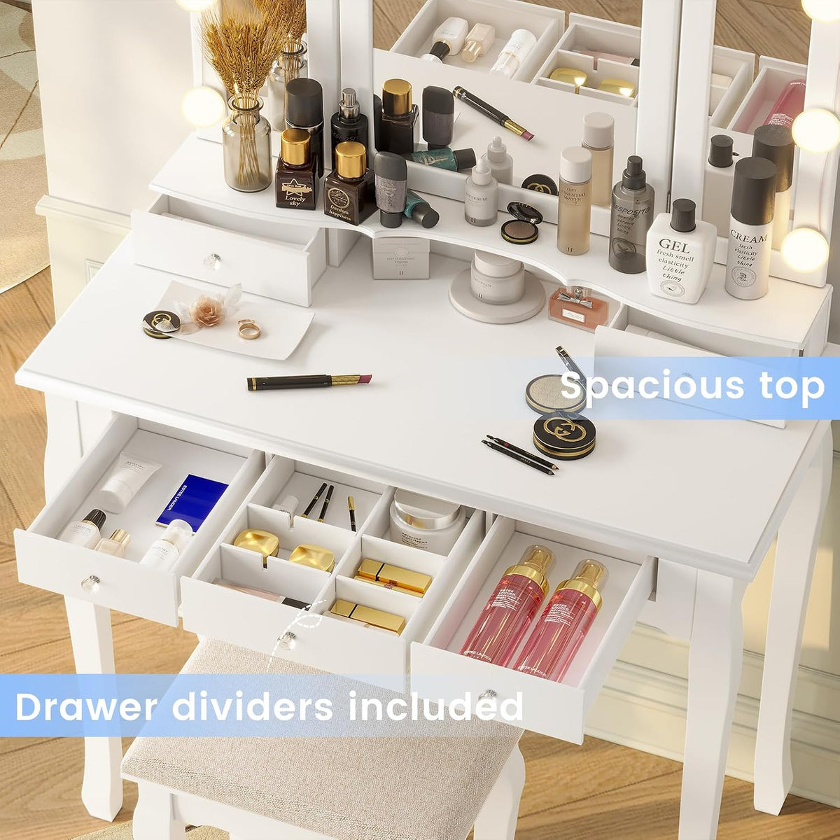 Tiptiper Makeup Vanity with Lighted Mirror and Stool, White