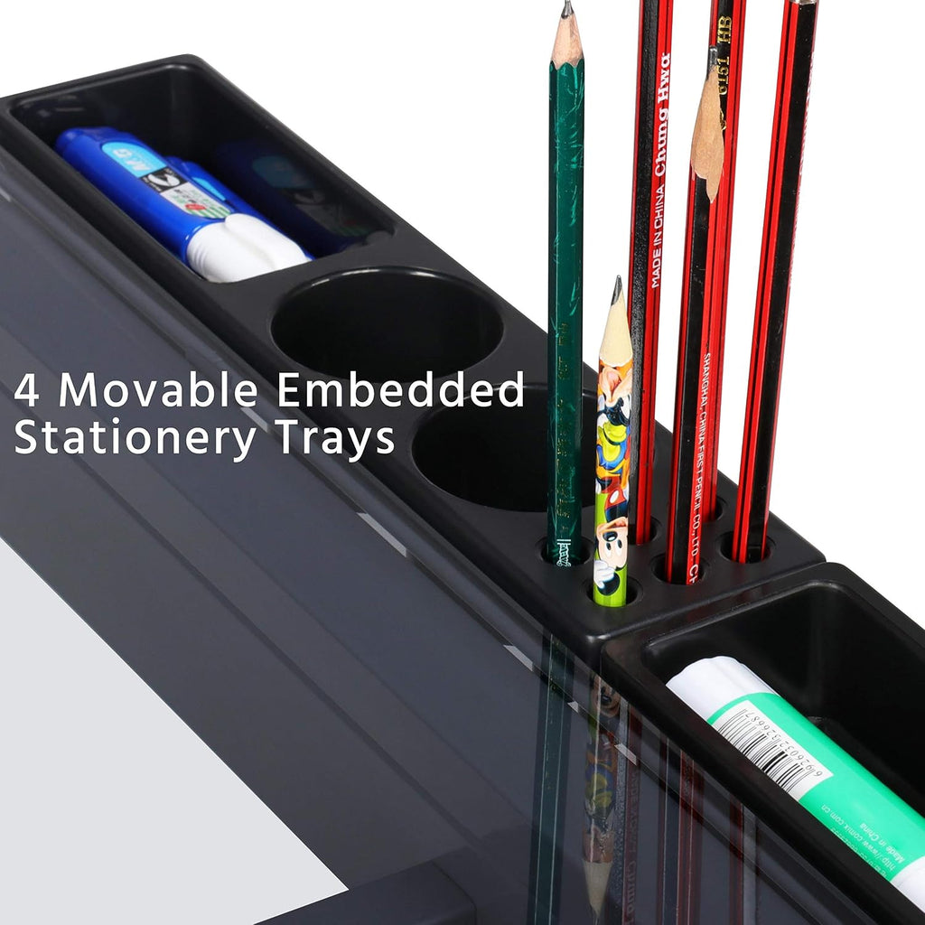 Yaheetech Glass Drafting Table with Storage, Adjustable Art Drawing Desk | Tempered glass top on a steel frame tilts 0-60° for drawing, tracing, or diamond art, plus two fabric drawers and side trays.