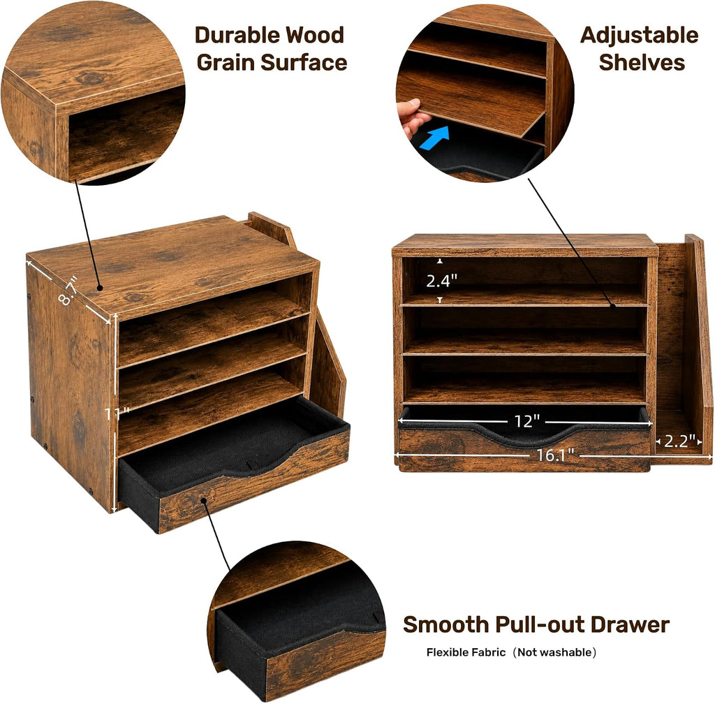 wooden desk organizer with drawers, office paper mail, close-up detail