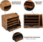 wooden desk organizer with drawers, office paper mail, close-up detail