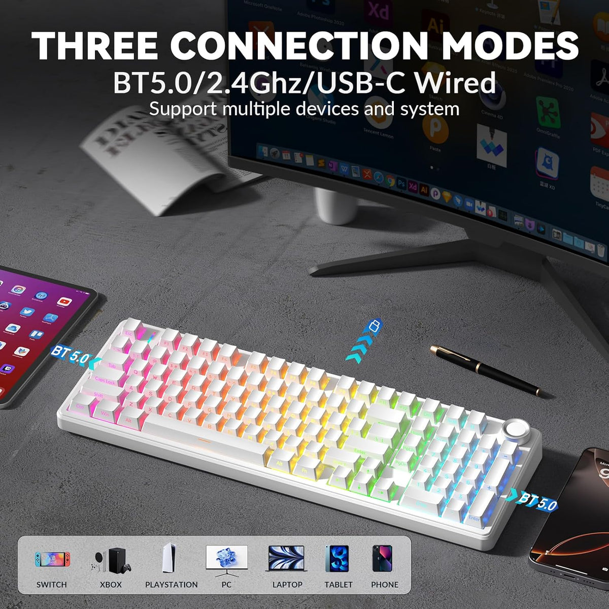AULA F99 Pro Wireless Mechanical Keyboard-Silent Version,BT5.0/2.4GHz/USB-C H...
