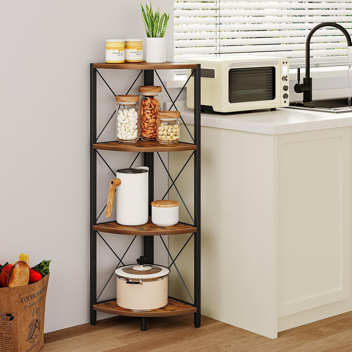 Snughome Rustic Corner Shelf Stand for Desktop, 4 Tier Corner Storage Plant S...